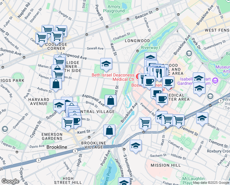 map of restaurants, bars, coffee shops, grocery stores, and more near 186 Kent Street in Brookline