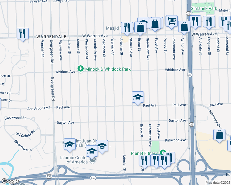 map of restaurants, bars, coffee shops, grocery stores, and more near 6394 Warwick Street in Detroit