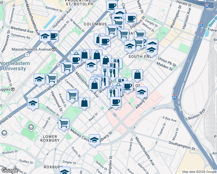 map of restaurants, bars, coffee shops, grocery stores, and more near 1672 Washington Street in Boston