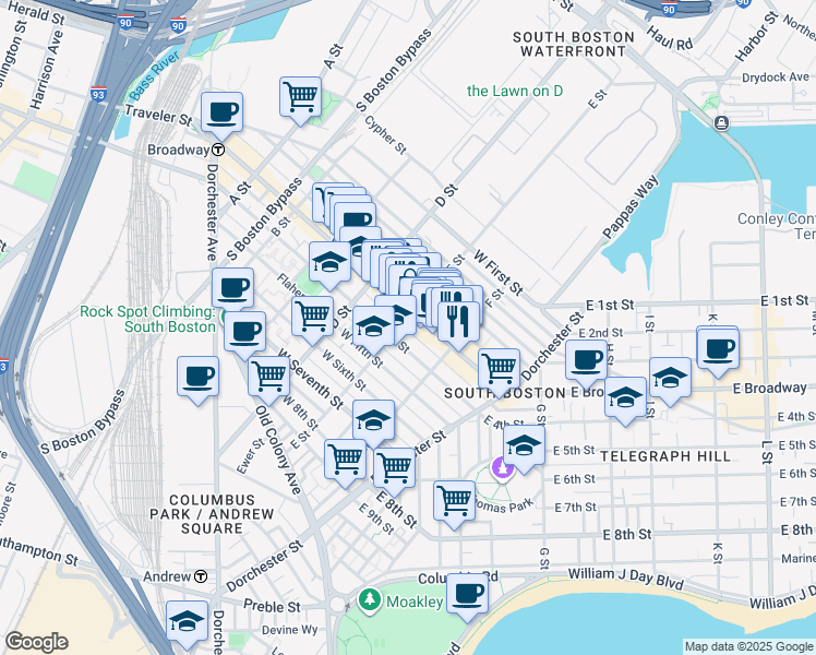 map of restaurants, bars, coffee shops, grocery stores, and more near in Boston