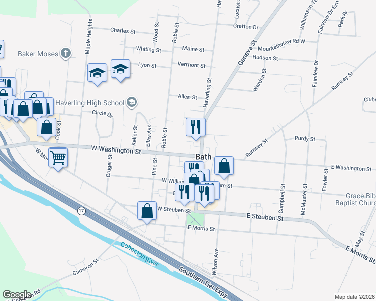map of restaurants, bars, coffee shops, grocery stores, and more near 4 West Washington Street in Bath