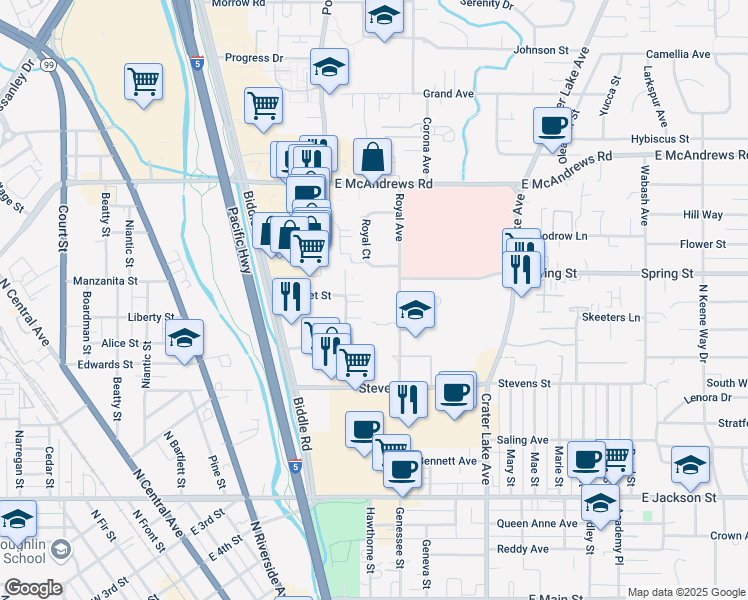 map of restaurants, bars, coffee shops, grocery stores, and more near 725 Royal Avenue in Medford