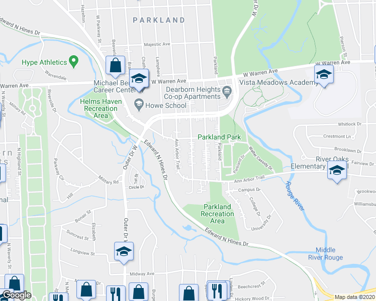map of restaurants, bars, coffee shops, grocery stores, and more near 6621 Dolphin in Dearborn Heights