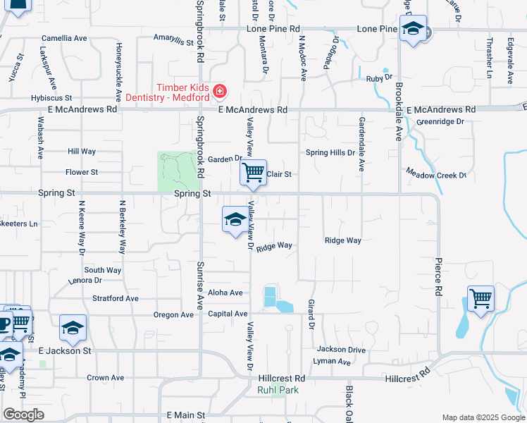 map of restaurants, bars, coffee shops, grocery stores, and more near 910 Valley View Drive in Medford