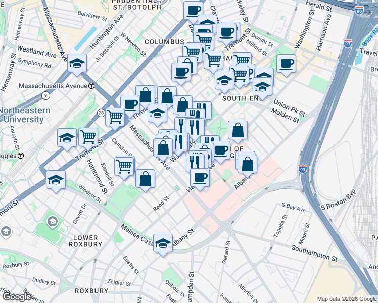 map of restaurants, bars, coffee shops, grocery stores, and more near in Boston