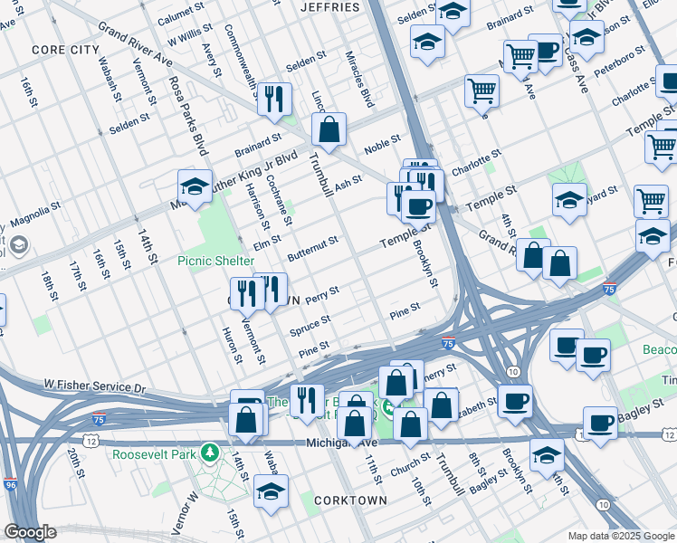 map of restaurants, bars, coffee shops, grocery stores, and more near 1545 Temple Street in Detroit