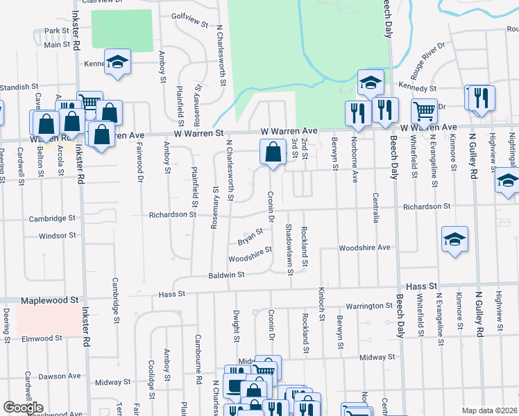 map of restaurants, bars, coffee shops, grocery stores, and more near 26520 Richardson Street in Dearborn Heights
