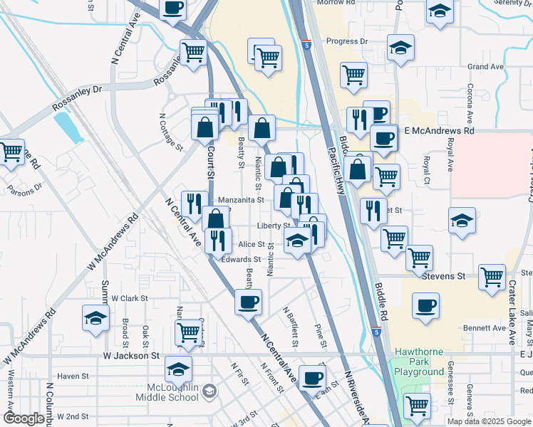 map of restaurants, bars, coffee shops, grocery stores, and more near 1115 Niantic Street in Medford