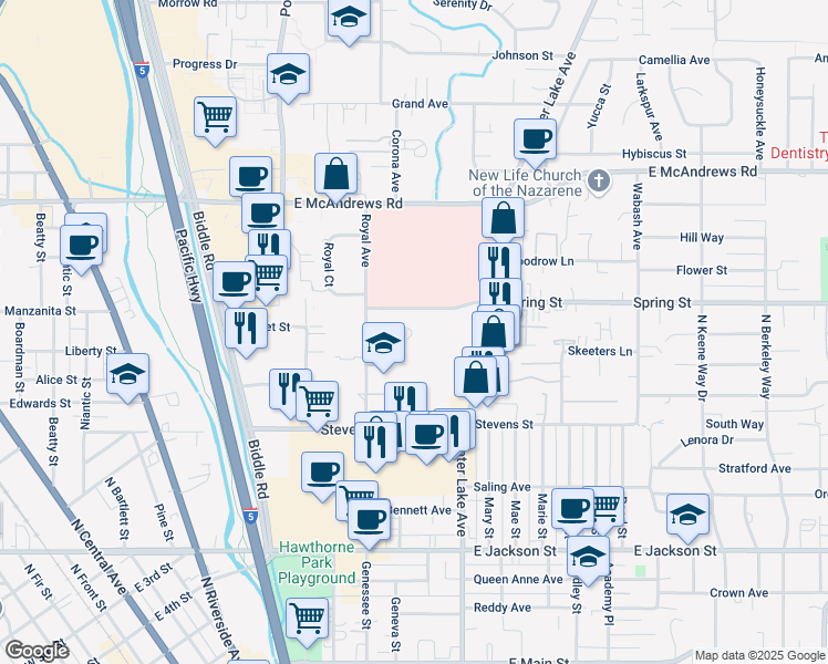 map of restaurants, bars, coffee shops, grocery stores, and more near 760 Spring Street in Medford