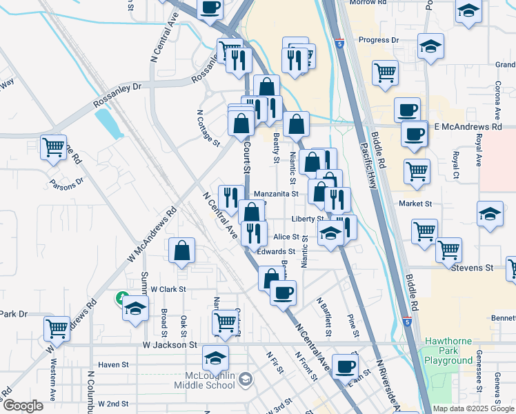 map of restaurants, bars, coffee shops, grocery stores, and more near 1062 Court Street in Medford