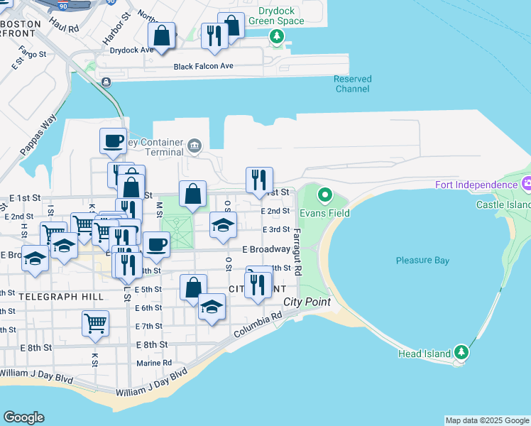 map of restaurants, bars, coffee shops, grocery stores, and more near 902 East 2nd Street in Boston