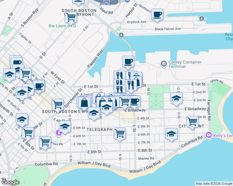 map of restaurants, bars, coffee shops, grocery stores, and more near 618 East 2nd Street in Boston