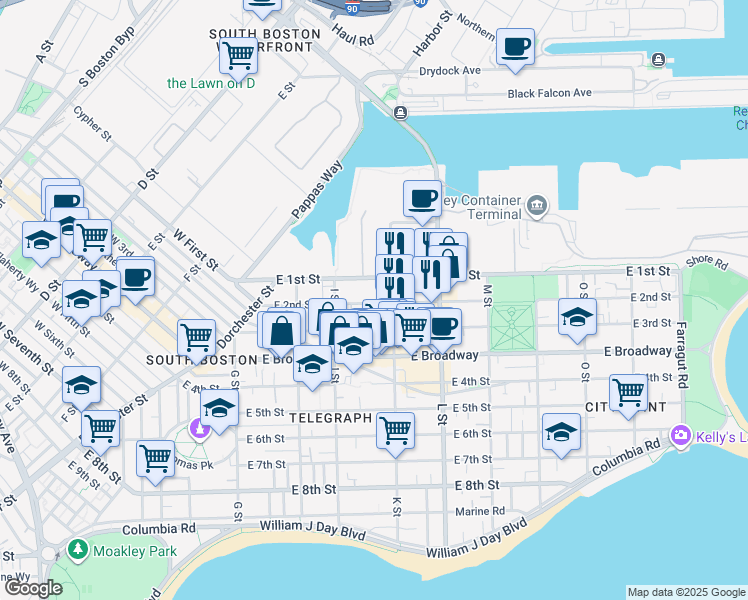 map of restaurants, bars, coffee shops, grocery stores, and more near 618 East 2nd Street in Boston