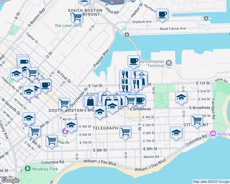map of restaurants, bars, coffee shops, grocery stores, and more near 618 East 2nd Street in Boston