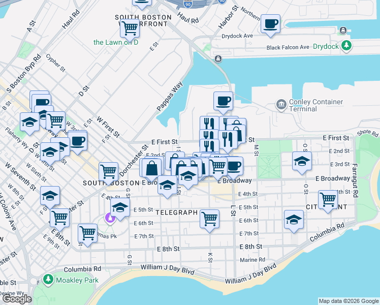map of restaurants, bars, coffee shops, grocery stores, and more near 618 East 2nd Street in Boston