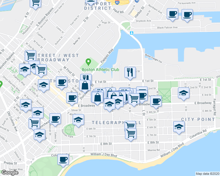 map of restaurants, bars, coffee shops, grocery stores, and more near 17 I Street in Boston