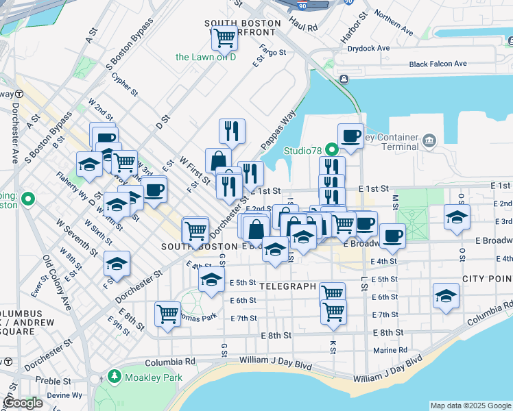 map of restaurants, bars, coffee shops, grocery stores, and more near 4 H Street in Boston