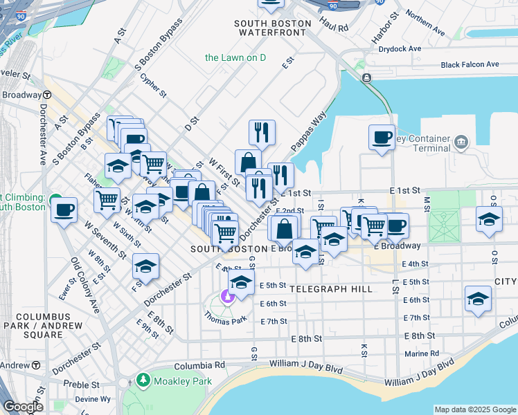 map of restaurants, bars, coffee shops, grocery stores, and more near 103 Dresser Street in Boston