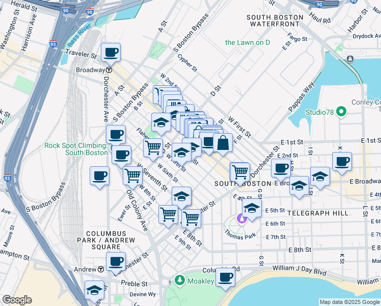 map of restaurants, bars, coffee shops, grocery stores, and more near 350 West Fourth Street in Boston