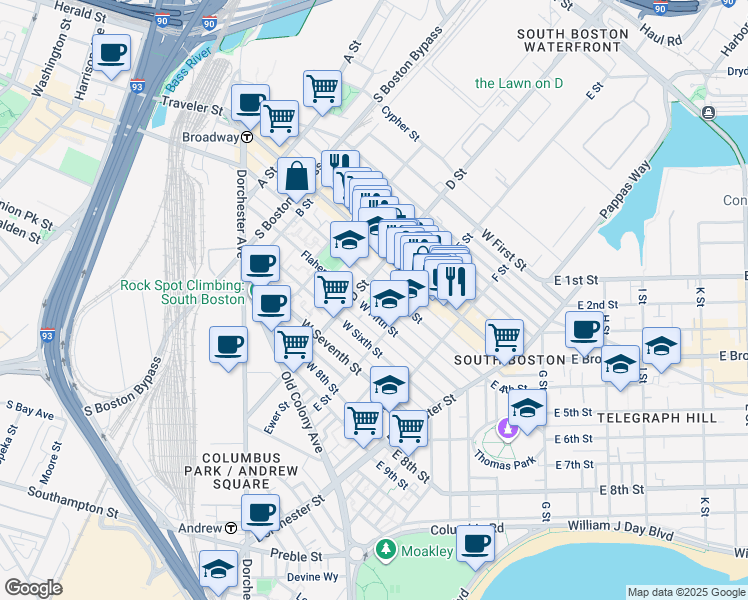 map of restaurants, bars, coffee shops, grocery stores, and more near 205 D Street in Boston