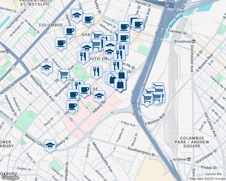 map of restaurants, bars, coffee shops, grocery stores, and more near 595 Albany Street in Boston