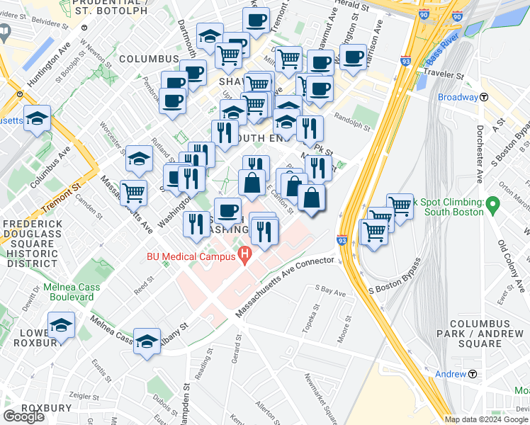 map of restaurants, bars, coffee shops, grocery stores, and more near in Boston