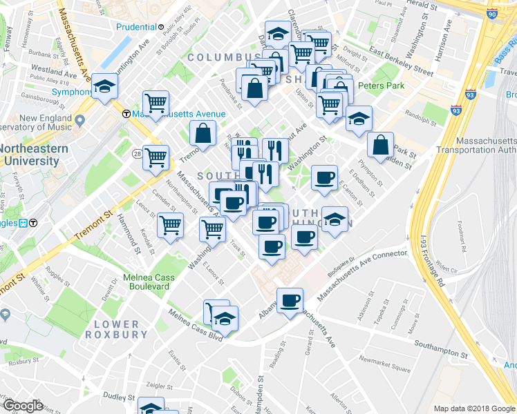 map of restaurants, bars, coffee shops, grocery stores, and more near 19 East Concord Street in Boston