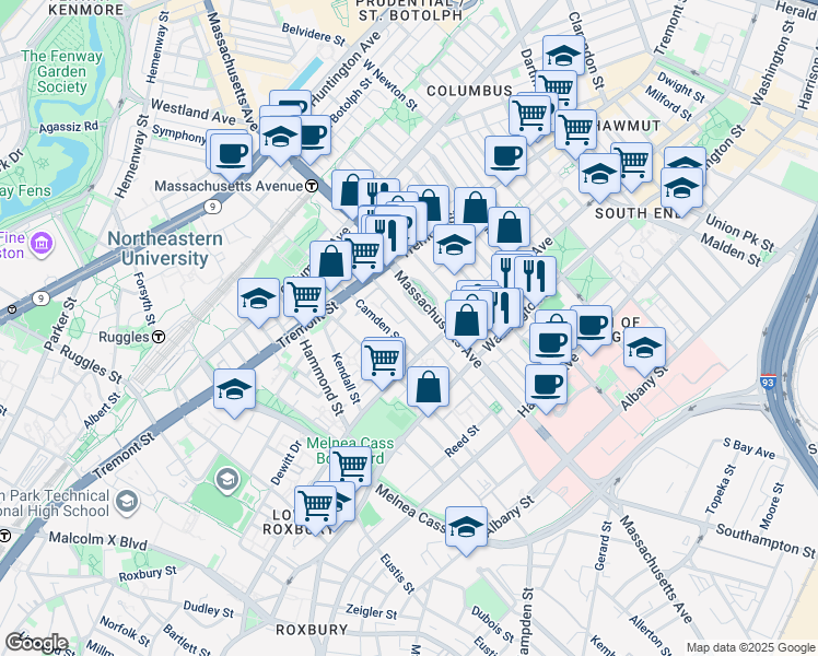 map of restaurants, bars, coffee shops, grocery stores, and more near 179 Northampton Street in Boston