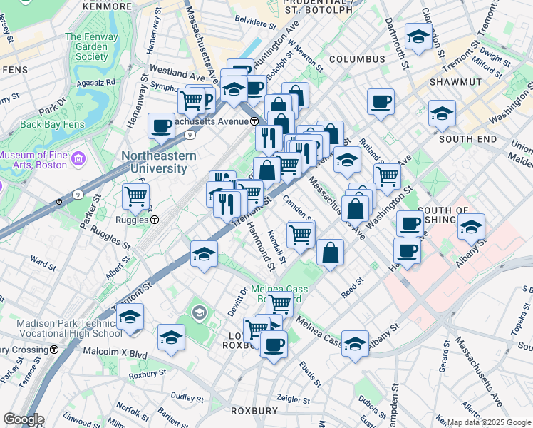 map of restaurants, bars, coffee shops, grocery stores, and more near 91 Lenox Street in Boston