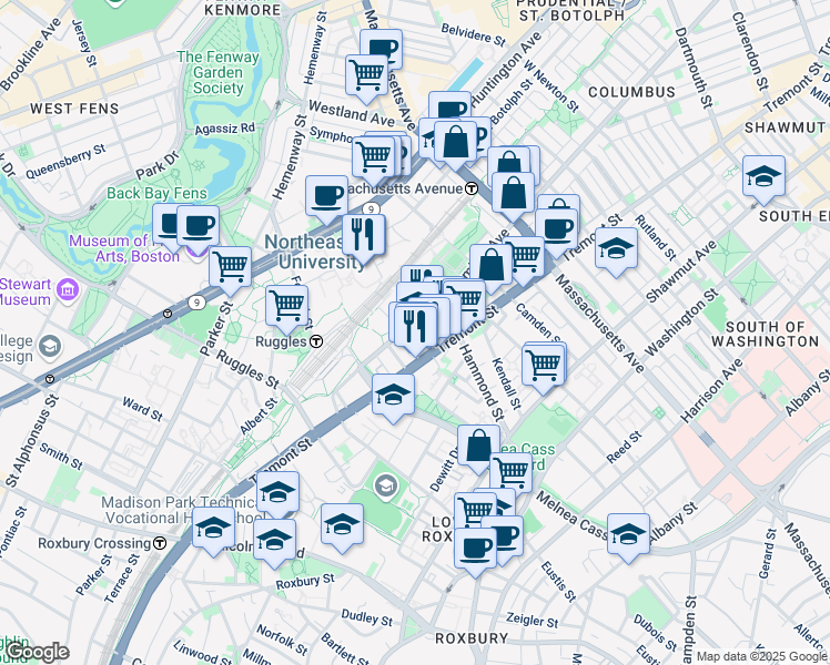 map of restaurants, bars, coffee shops, grocery stores, and more near 724 Columbus Avenue in Boston