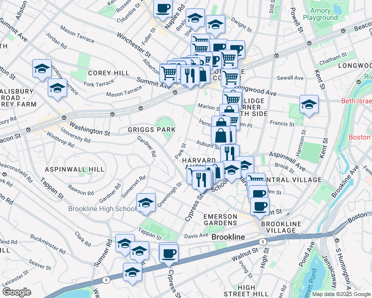 map of restaurants, bars, coffee shops, grocery stores, and more near 32 Park Street in Brookline