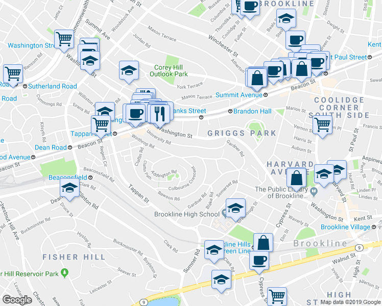 map of restaurants, bars, coffee shops, grocery stores, and more near 107 University Road in Brookline