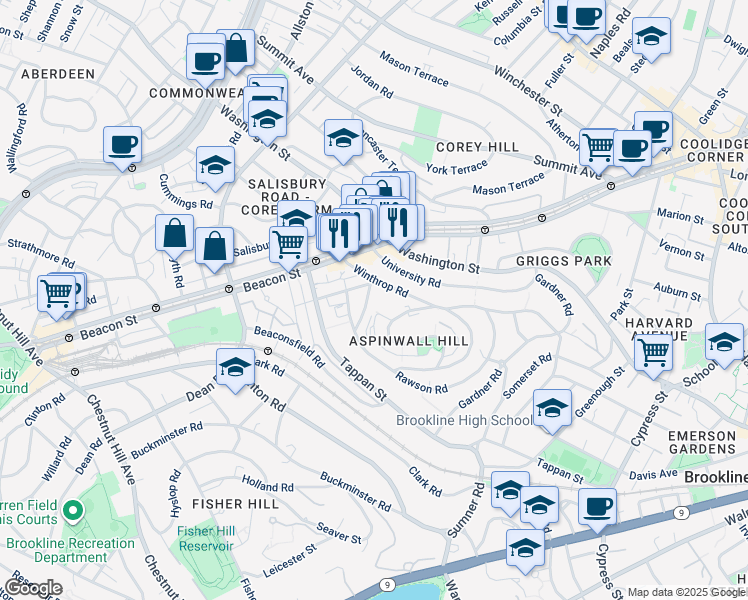 map of restaurants, bars, coffee shops, grocery stores, and more near 10 Claflin Road in Brookline