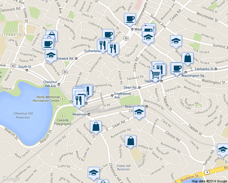 map of restaurants, bars, coffee shops, grocery stores, and more near in Brookline