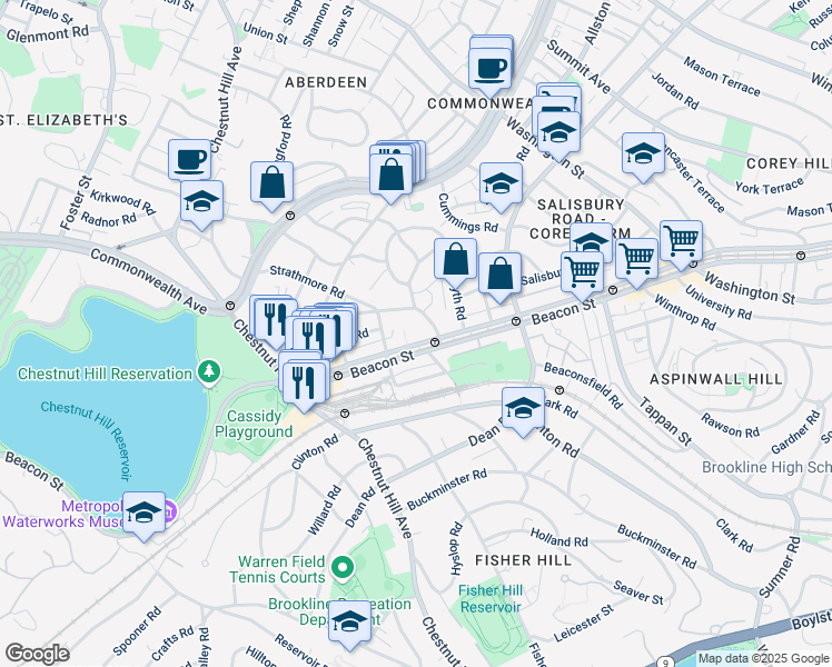 map of restaurants, bars, coffee shops, grocery stores, and more near 1 Reservoir Court in Brookline