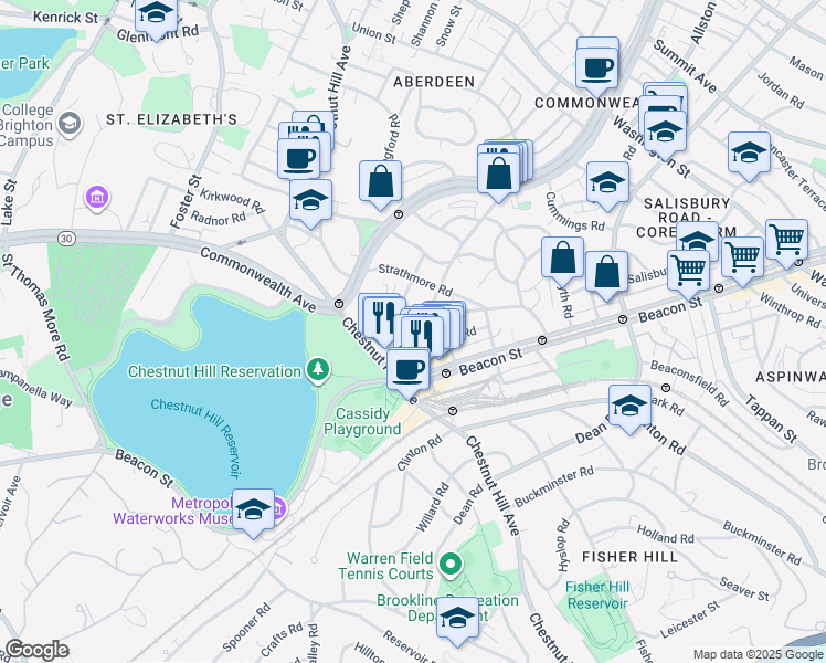 map of restaurants, bars, coffee shops, grocery stores, and more near 4 Chiswick Road in Boston