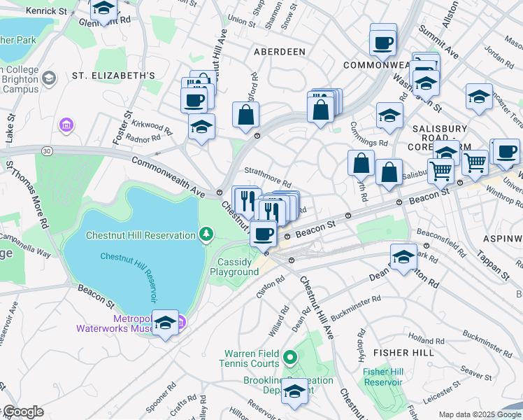 map of restaurants, bars, coffee shops, grocery stores, and more near 4 Chiswick Road in Boston