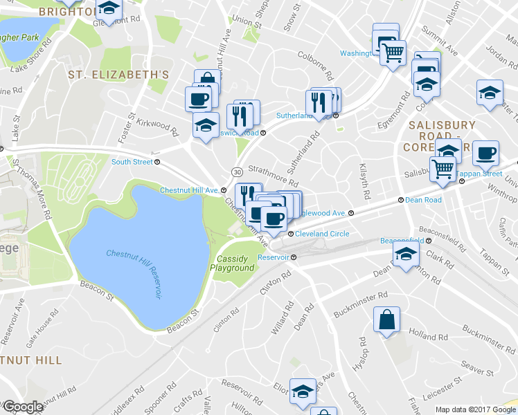 map of restaurants, bars, coffee shops, grocery stores, and more near 4 Chiswick Road in Boston