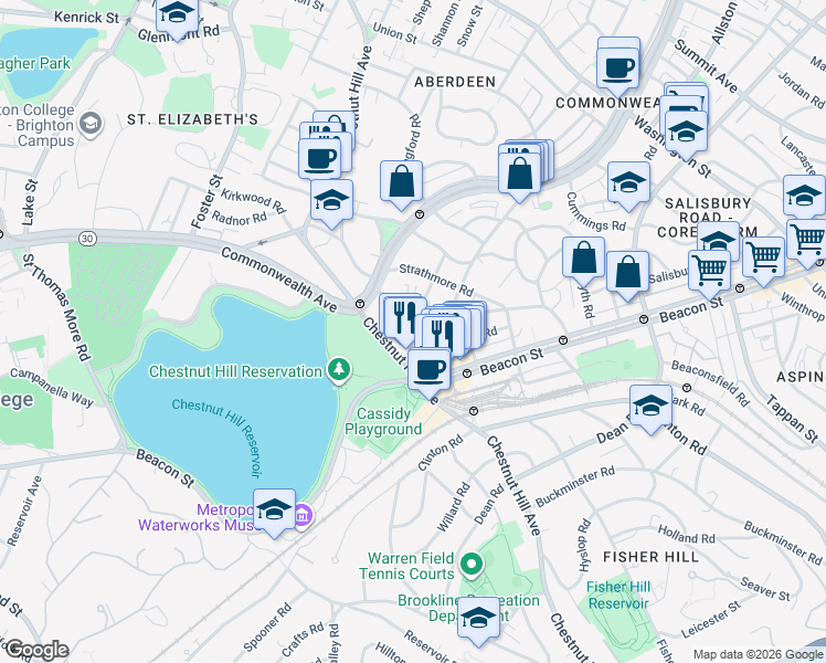 map of restaurants, bars, coffee shops, grocery stores, and more near 4 Chiswick Road in Boston