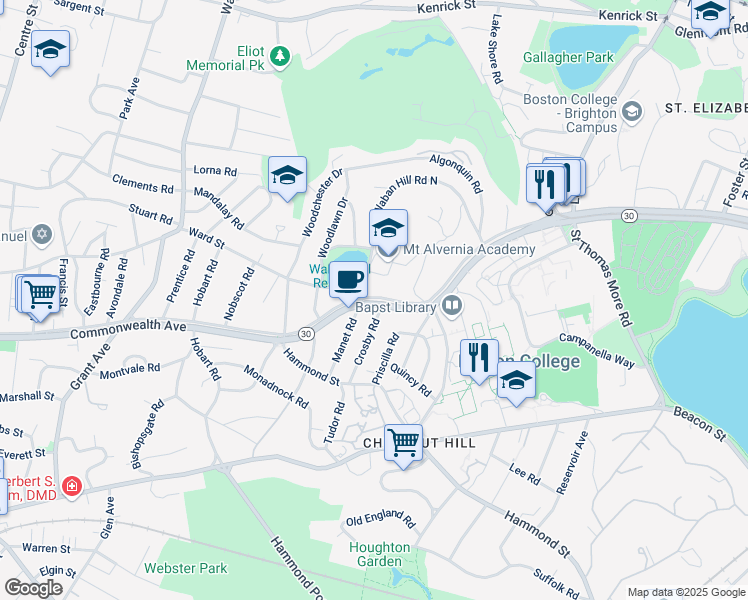 map of restaurants, bars, coffee shops, grocery stores, and more near 219 Commonwealth Avenue in Newton