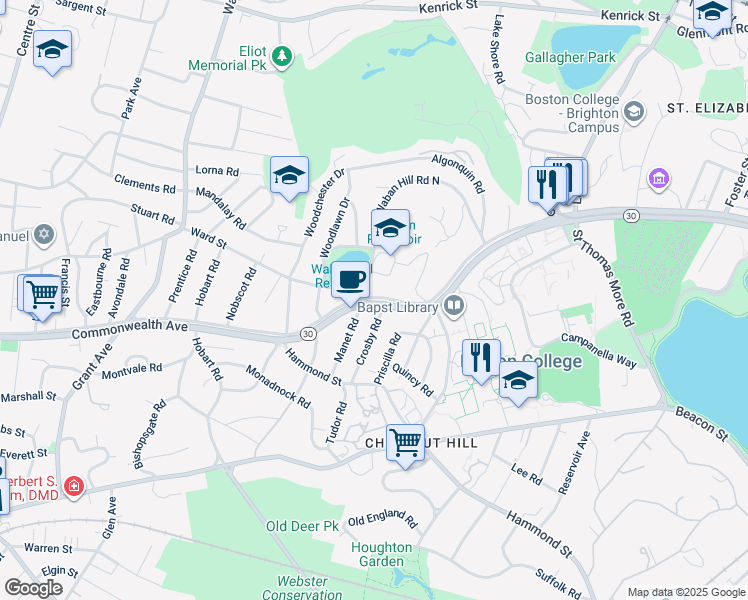 map of restaurants, bars, coffee shops, grocery stores, and more near 219 Commonwealth Avenue in Newton