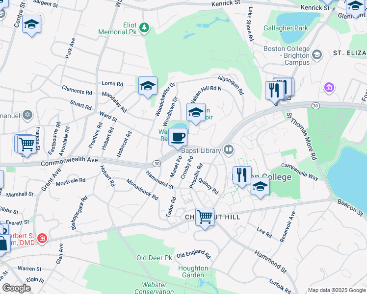 map of restaurants, bars, coffee shops, grocery stores, and more near 219 Commonwealth Avenue in Newton