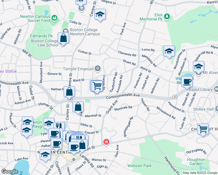 map of restaurants, bars, coffee shops, grocery stores, and more near 143 Eastbourne Road in Newton