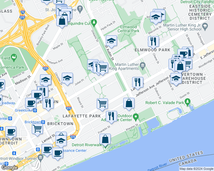 map of restaurants, bars, coffee shops, grocery stores, and more near 621 Ducharme Place in Detroit