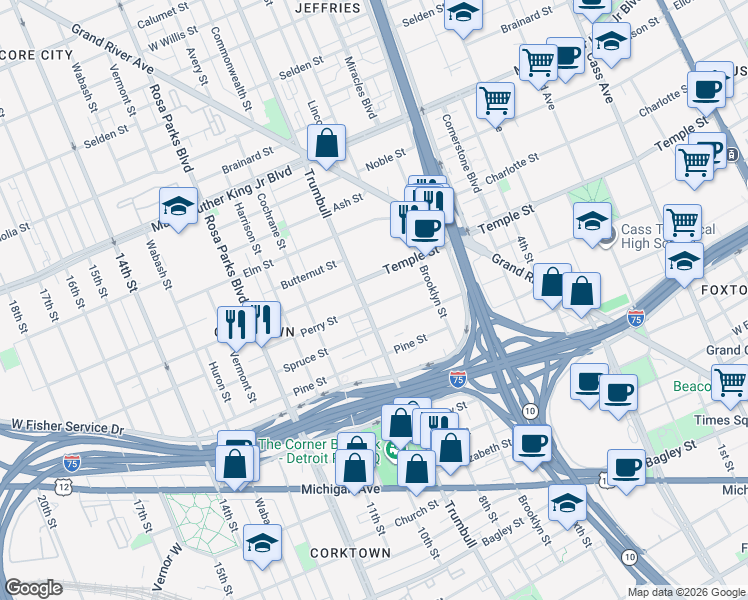map of restaurants, bars, coffee shops, grocery stores, and more near 2810 Trumbull in Detroit