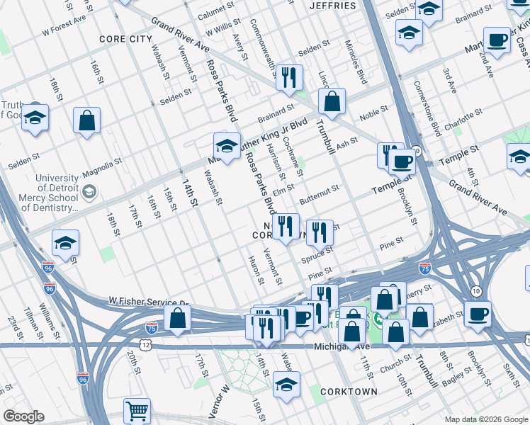 map of restaurants, bars, coffee shops, grocery stores, and more near 2983 Rosa Parks Boulevard in Detroit