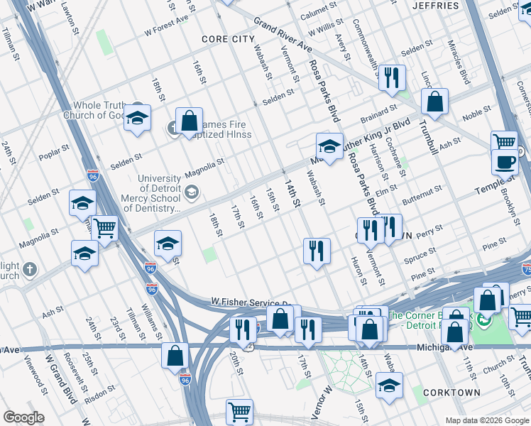 map of restaurants, bars, coffee shops, grocery stores, and more near 3330 16th Street in Detroit