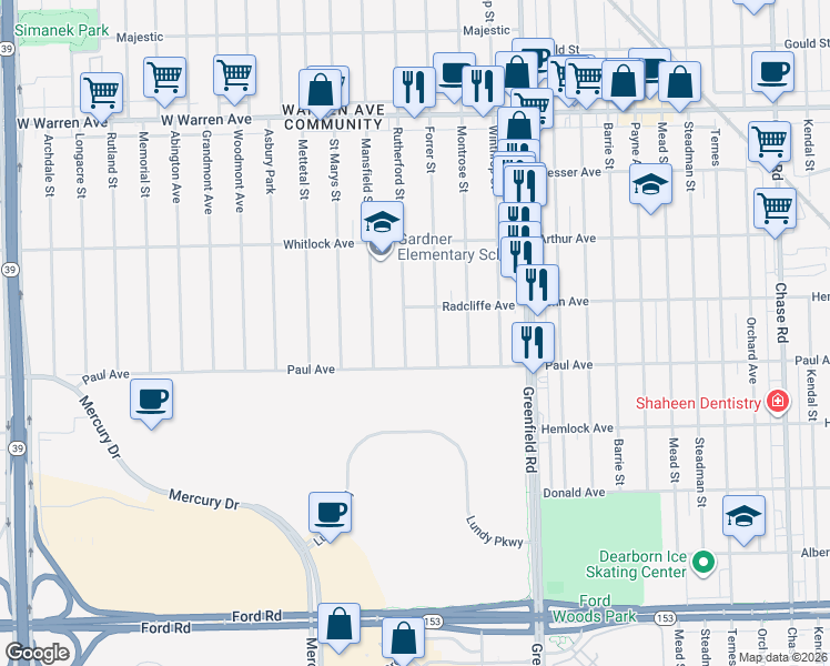 map of restaurants, bars, coffee shops, grocery stores, and more near 6372 Rutherford Street in Detroit