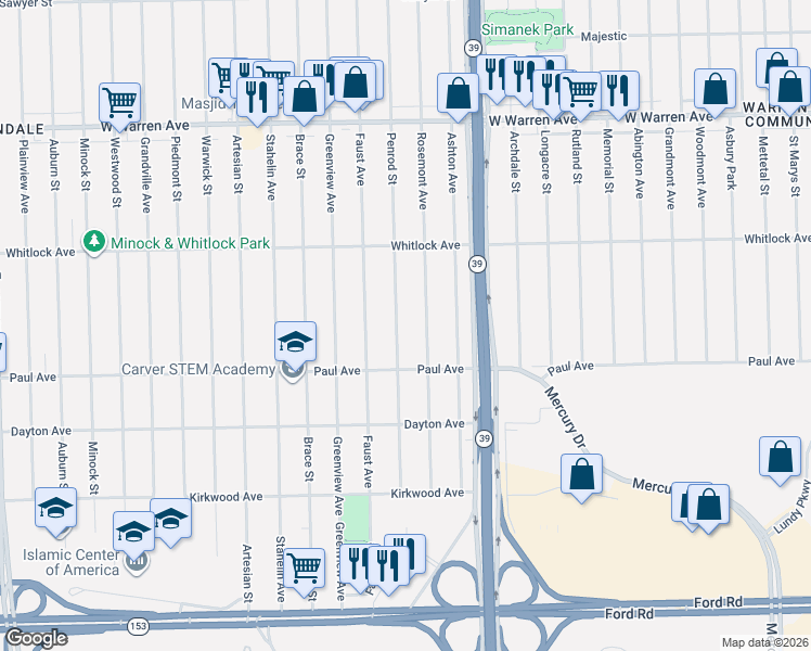 map of restaurants, bars, coffee shops, grocery stores, and more near 6397 Rosemont Avenue in Detroit