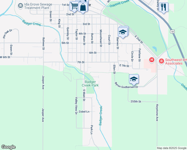 map of restaurants, bars, coffee shops, grocery stores, and more near Pleasant Valley Trail in Ida Grove